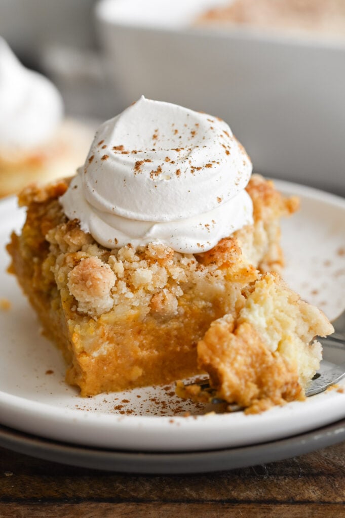 Pumpkin Cream Cheese Dump Cake with a dollop of whipped topping on top.