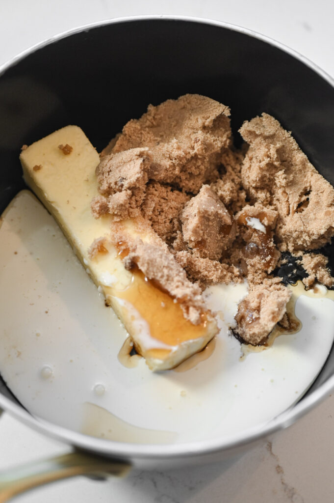 Heavy Cream, Butter and brown sugar in a saucepan.