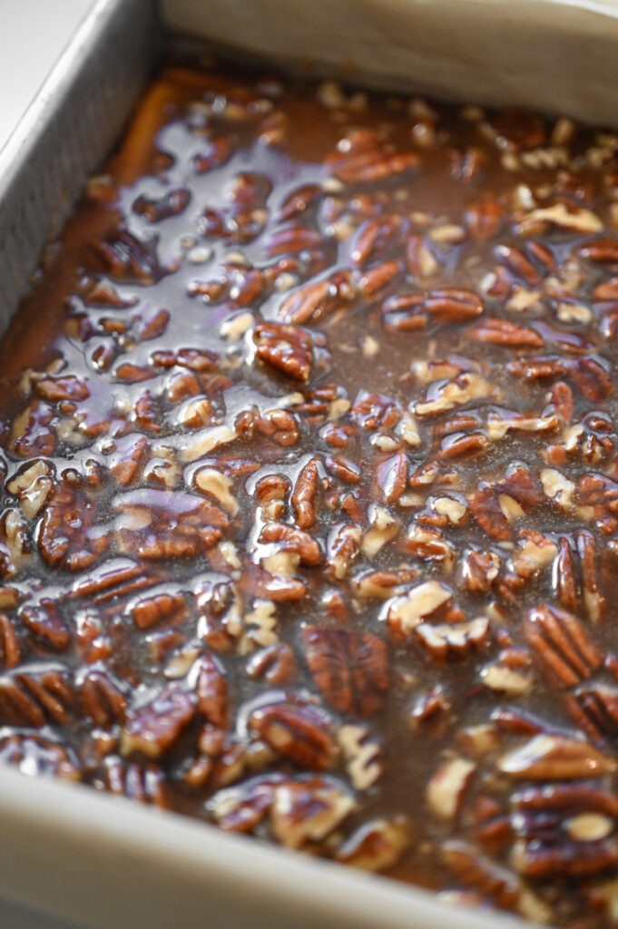 A pecan topping covering a pan of cheesecake.