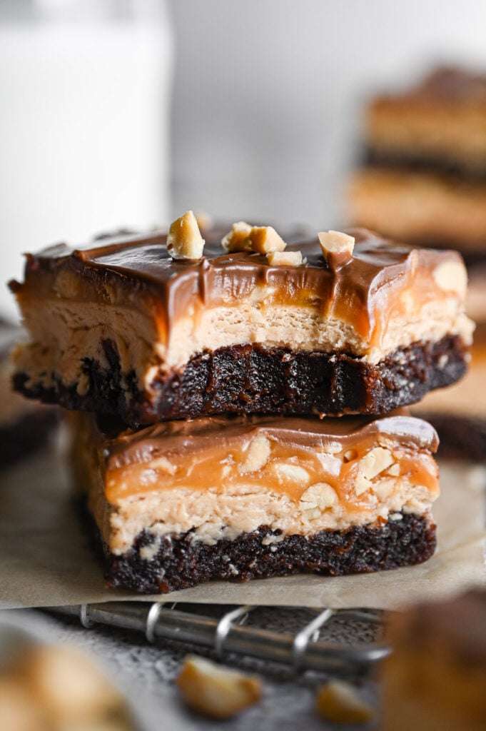 Two Snickers Brownies stacked up on each other.