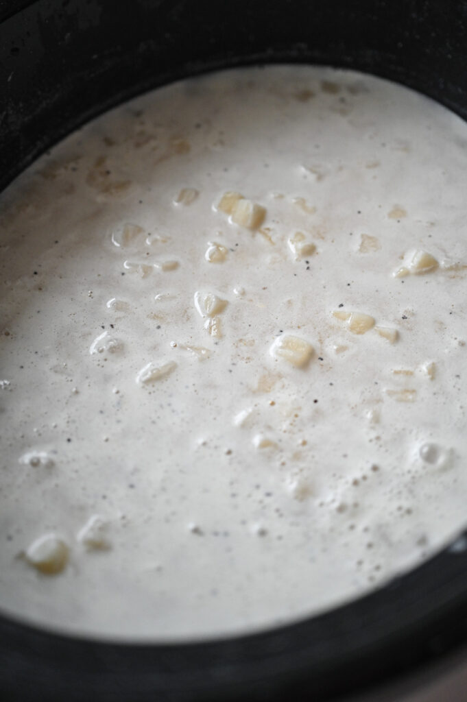 Potato soup in the slow cooker.