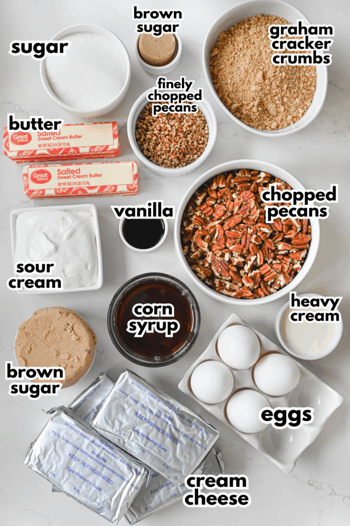 Several bowls of ingredients labeled on a white background.