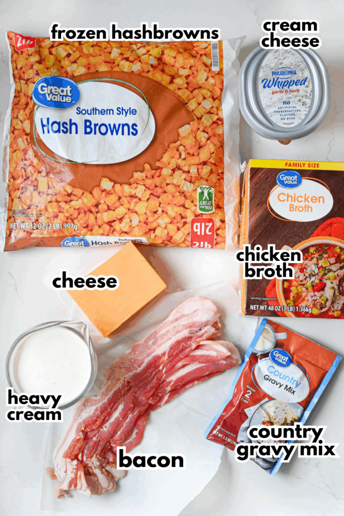 The ingredients needed to make potato soup on a white background.