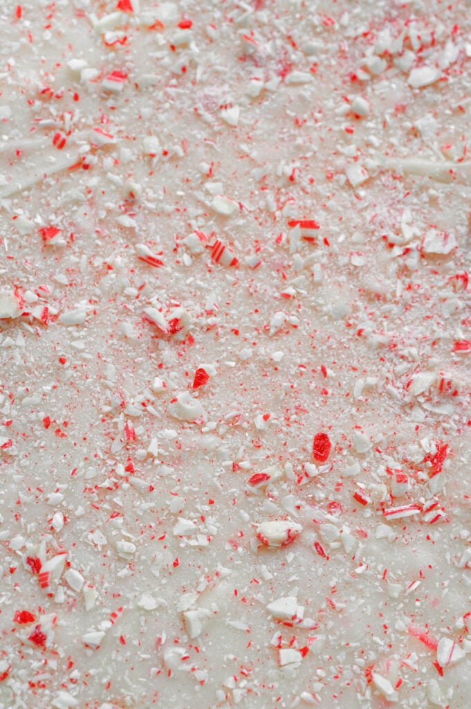 Crushed peppermint candies on top of a layer of white chocolate.