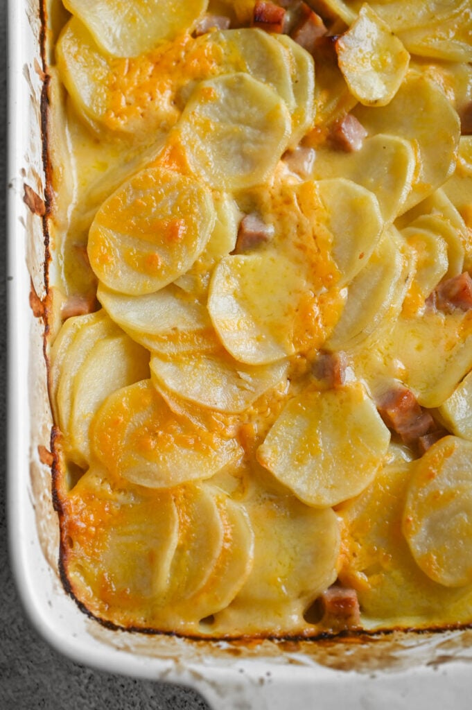 Scalloped potatoes and ham in a white ceramic baking dish.