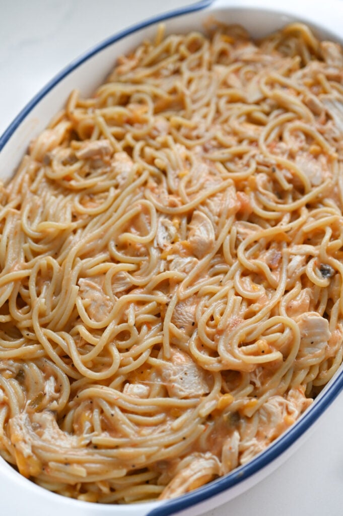 A chickens spaghetti bake ready to go into the oven.