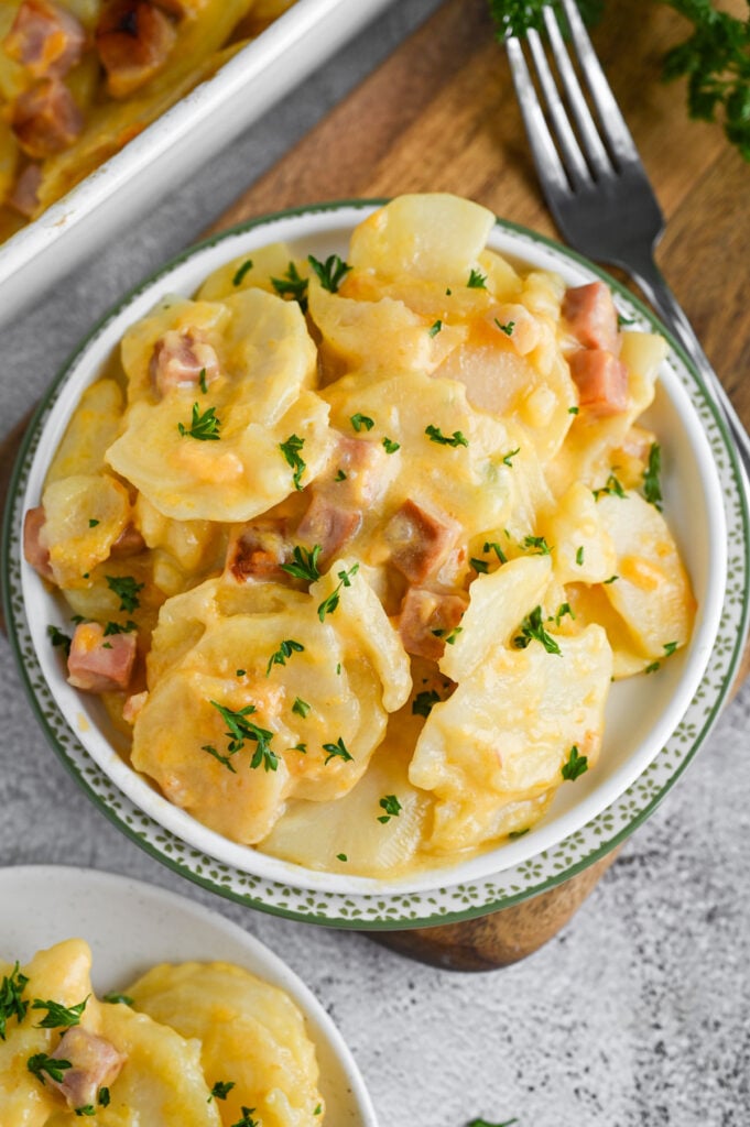 A plateful of scalloped potatoes and ham with cheese; there's some fresh parsley sprinkled on top.
