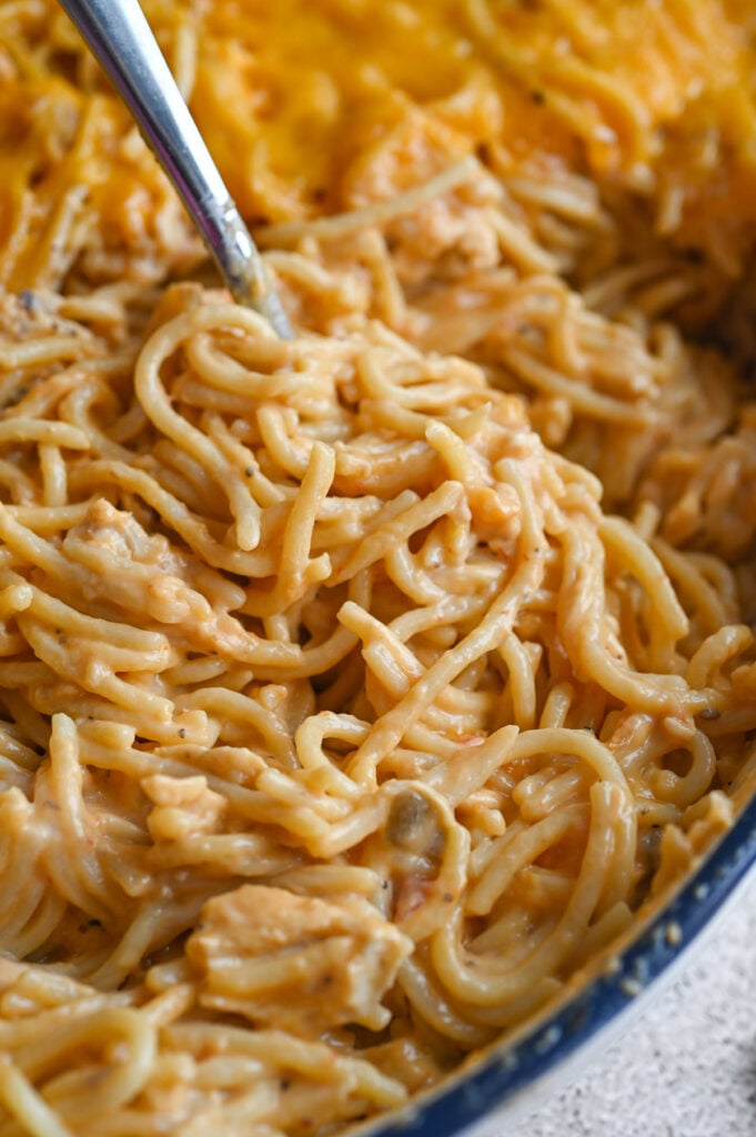 A silver spoon grabbing a scoop of a creamy chicken spaghetti casserole.