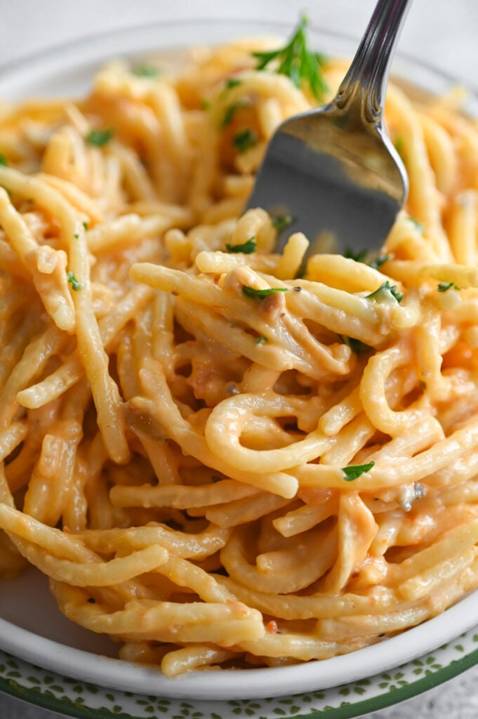A fork grabbing a bite of a spaghetti casserole with a creamy sauce, chicken and parsley flakes.