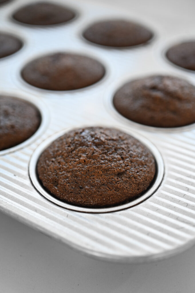 Chocolate cupcakes baked in a muffin pan.