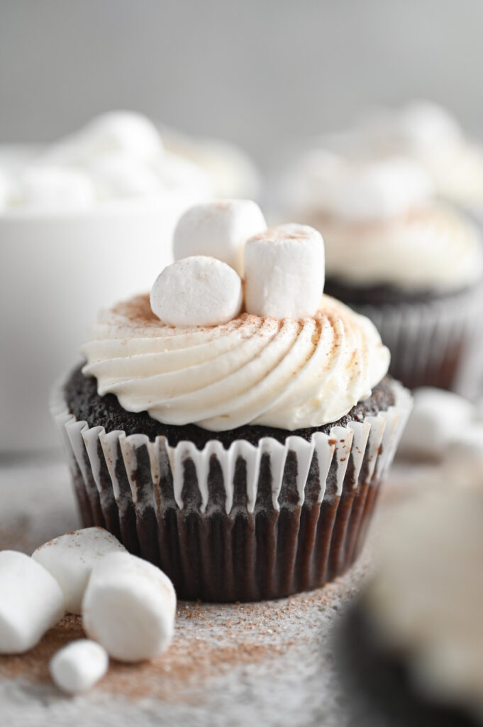 A chocolate cupcake with frosting piped on top and marshmallows on top.