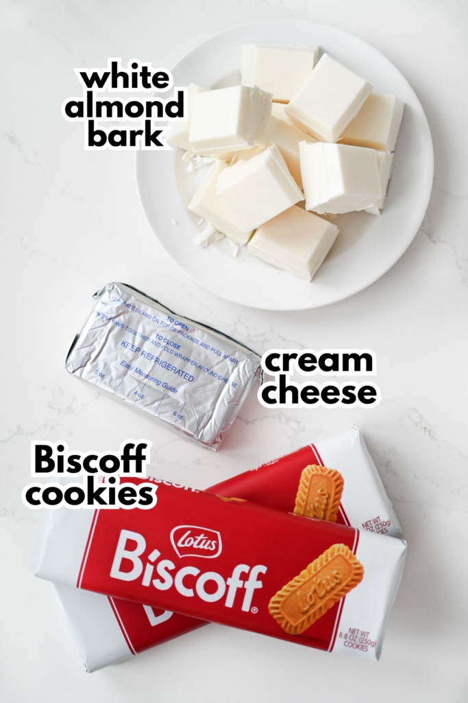 The ingredients needed to make Biscoff cookies on a white background with the ingredients labeled.