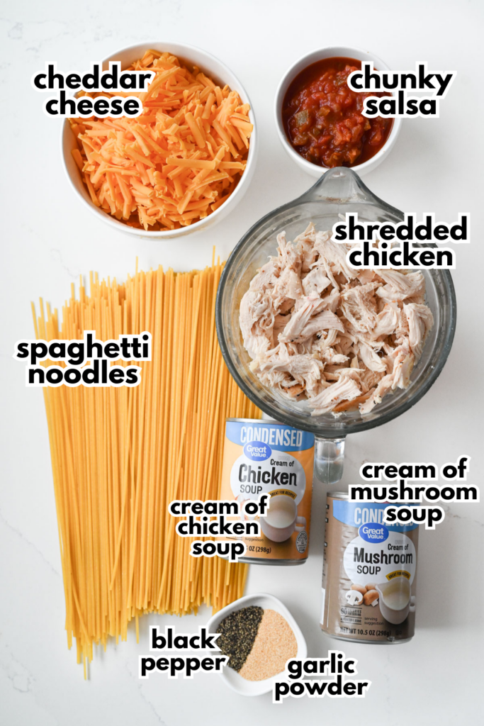 The ingredients needed to make a chicken spaghetti bake with ingredient labels next to each one.