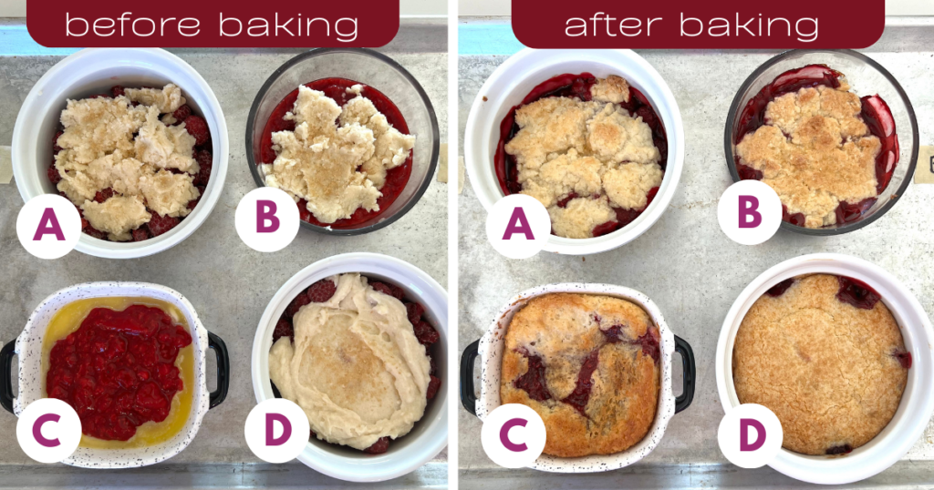 Showing 4 different versions of raspberry cobbler that was tested (each version is show uncooked AND baked).