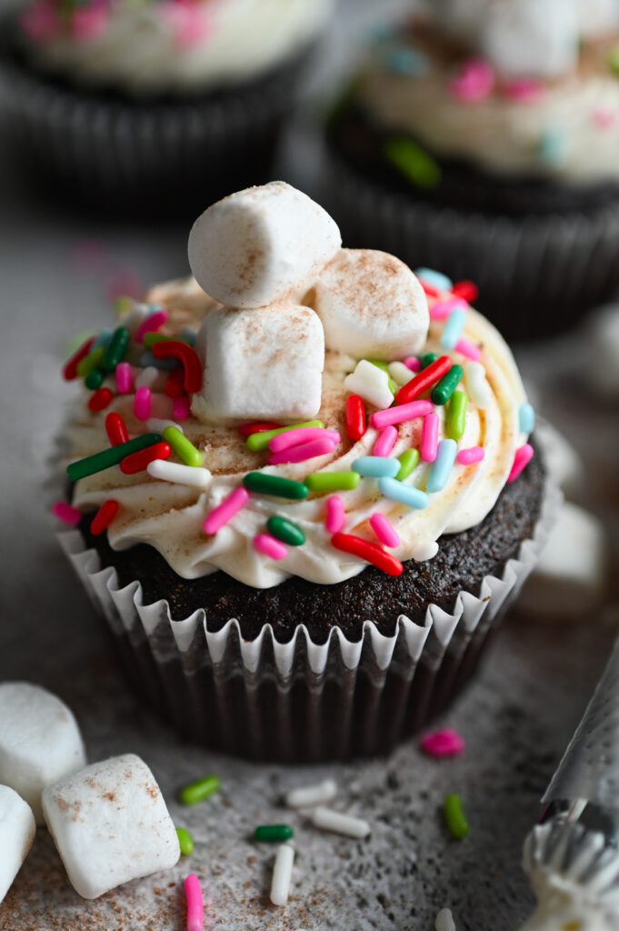 A chocolate cupcake with white frosting, colorful sprinkles and mini marshmallows on top.