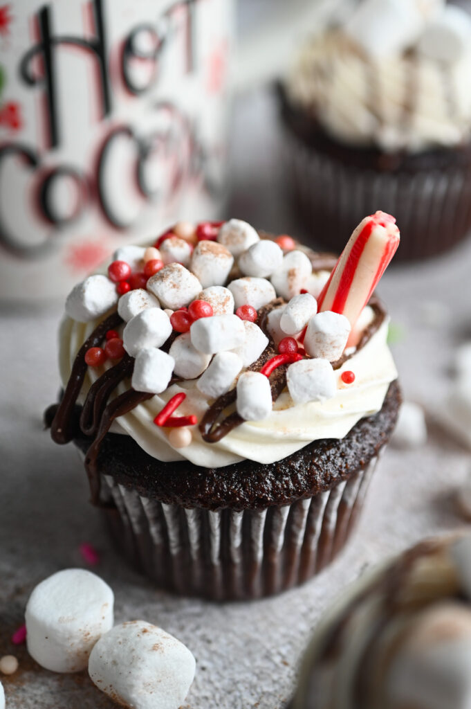 A chocolate cupcake with frosting, chocolate drizzle, red sprinkles, dehydrated mini marshmallows (mallow bits) and a candy cane "straw."