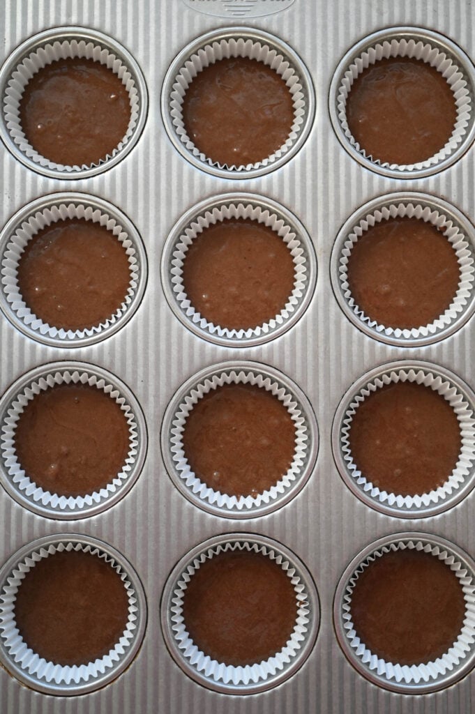 A stainless pan with 12 chocolate cupcakes ready to be baked.