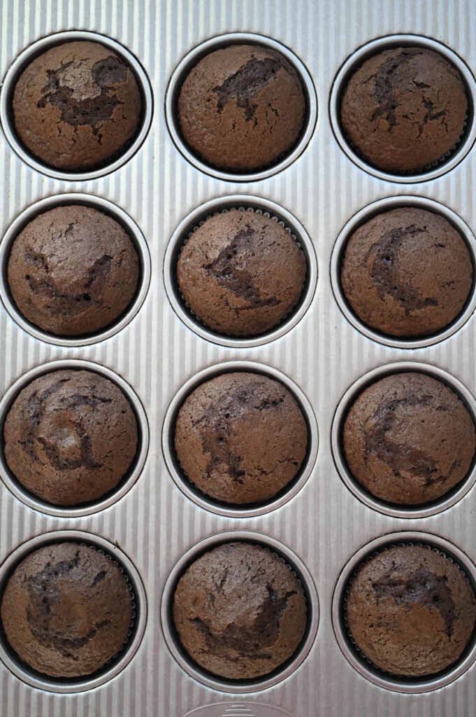 12 baked chocolate cupcakes in a tin.