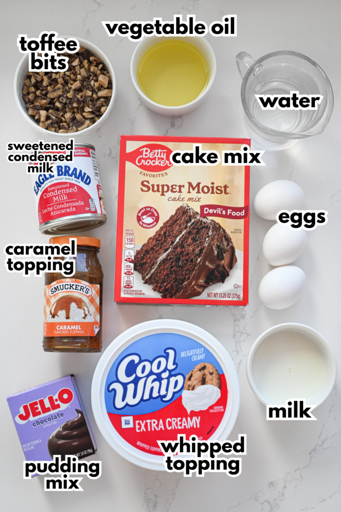 The ingredients needed to make chocolate poke cupcakes on a white background.