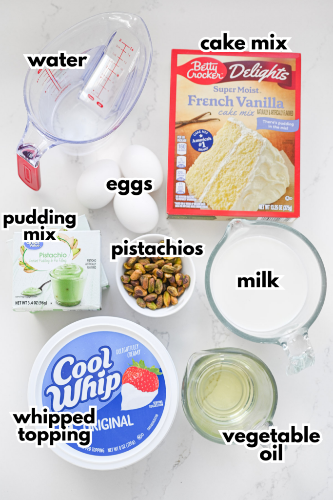 Labeled ingredients for what's needed to make a pistachio poke cake.
