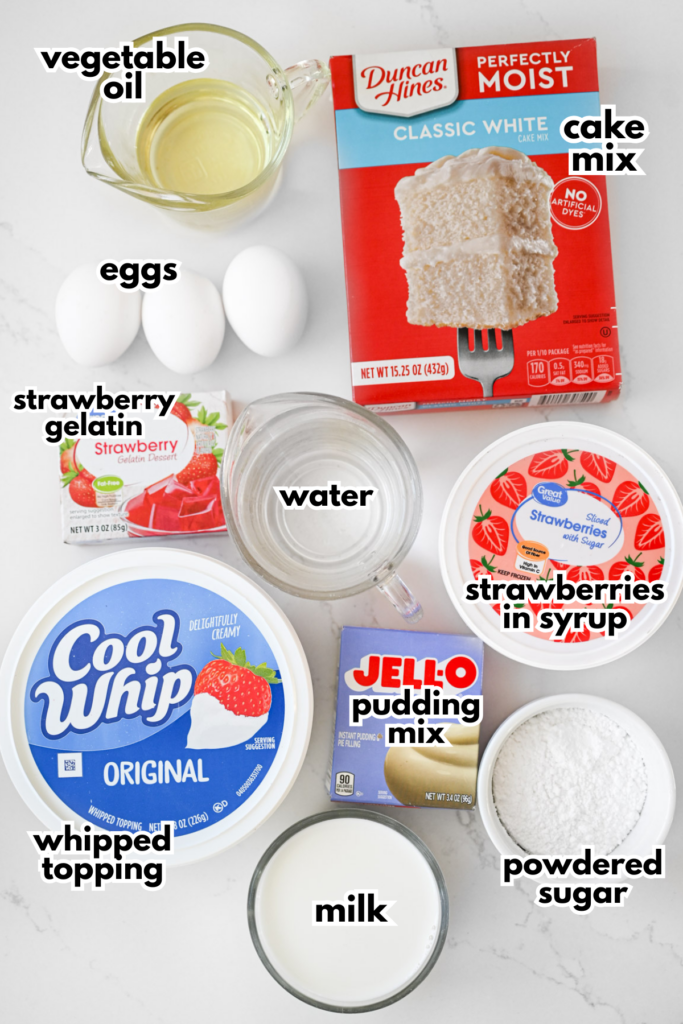 The ingredients needed to make a simple strawberry cake recipe.