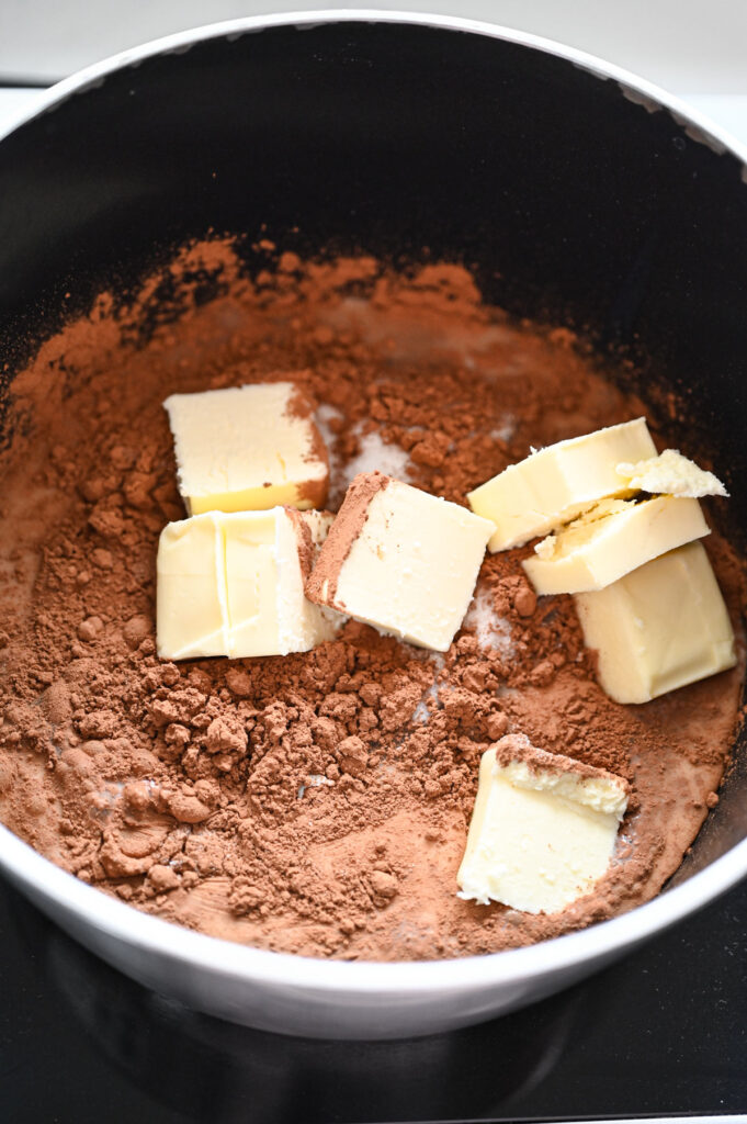 Cocoa powder, sugar, milk, butter and salt in a saucepan.