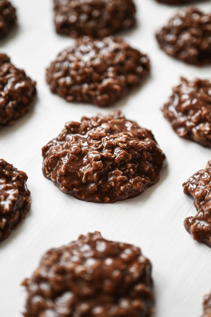 No Bake Cookies scooped onto a parchment lined baking sheet.