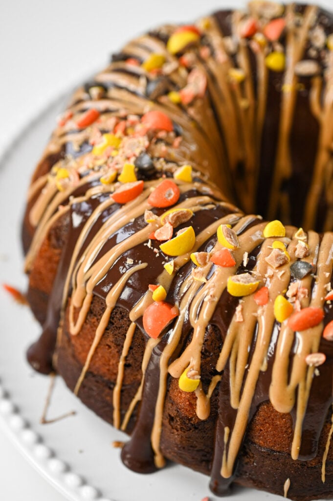A bundt cake with frosting and toppings.
