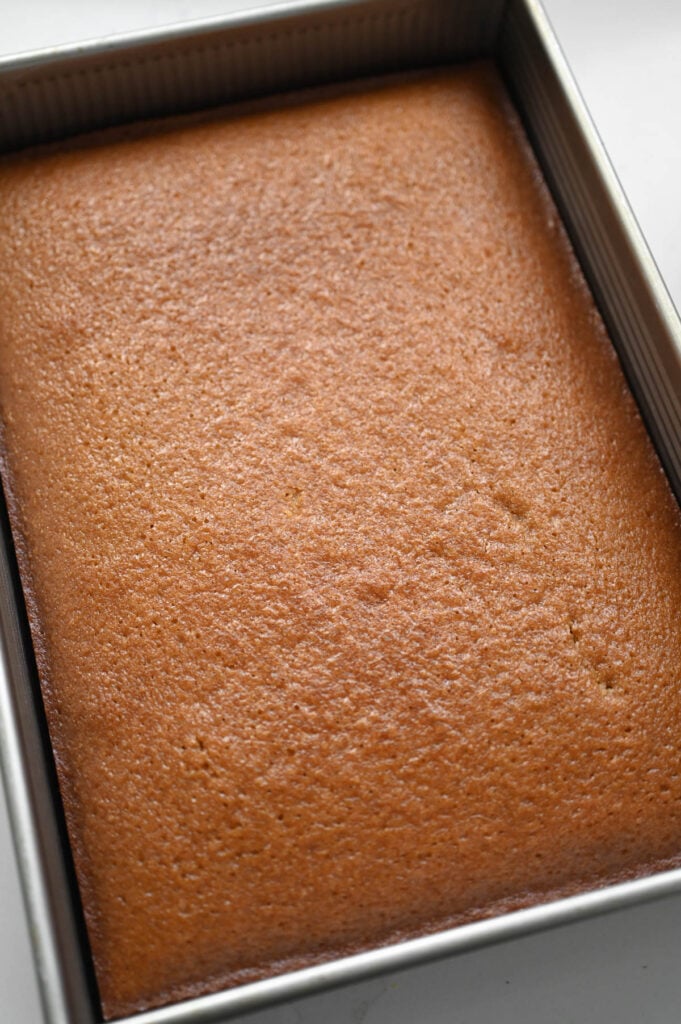 A golden brown cake in a 9x13-inch baking pan.