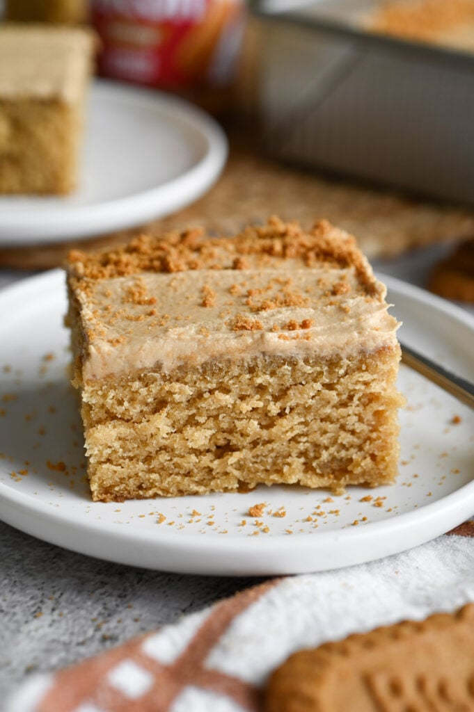 A slice of Biscoff cake on a white plate.