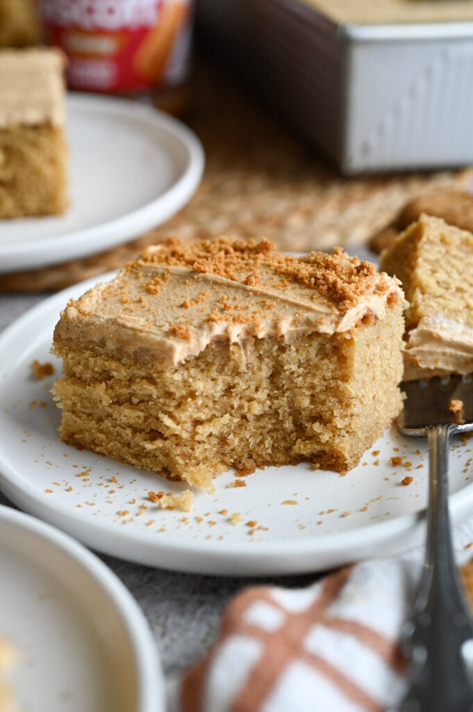 A piece of Biscoff cake on a white plate.