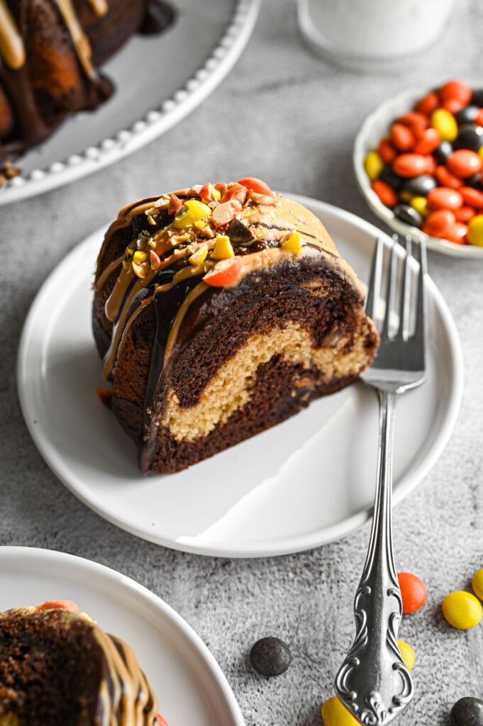 A slice of chocolate peanut butter bundt cake on a white plate.