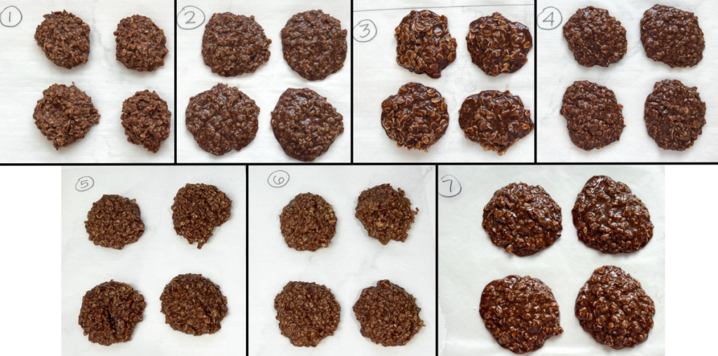 Photos of the 7 different versions of no bake cookies used during testing.