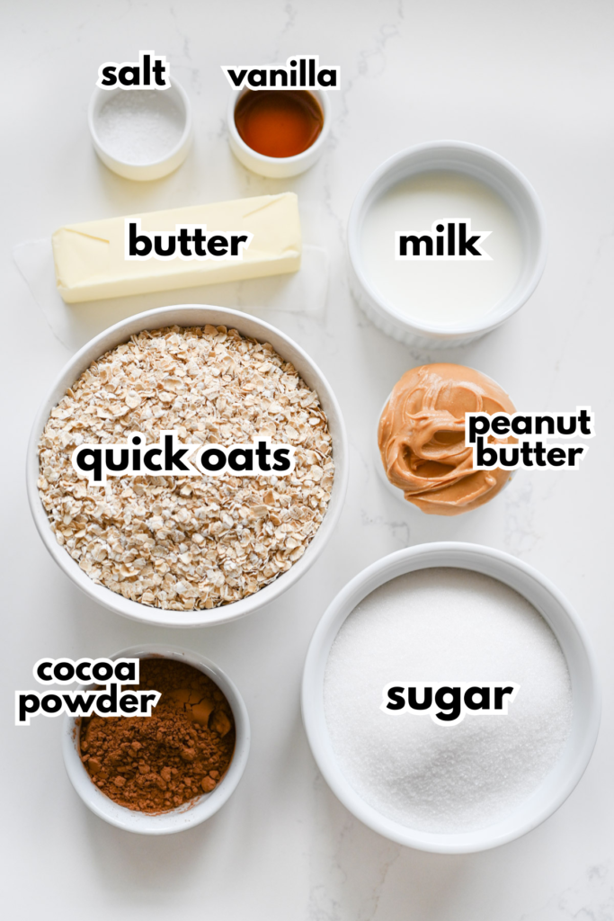 The ingredients needed to make no bake cookies labeled on a white background.