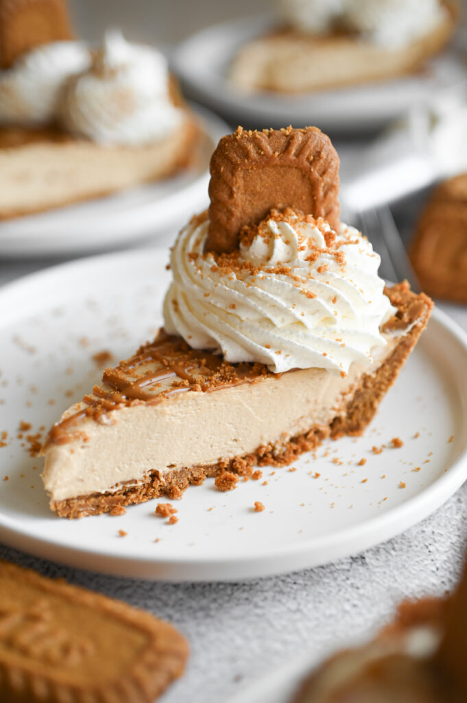 A slice of Biscoff pie on a white plate.