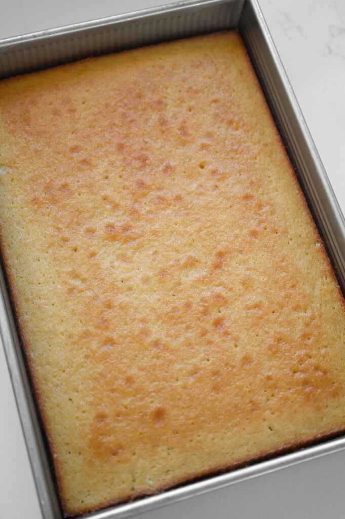 A buttermilk cake in a 9x13 inch pan.
