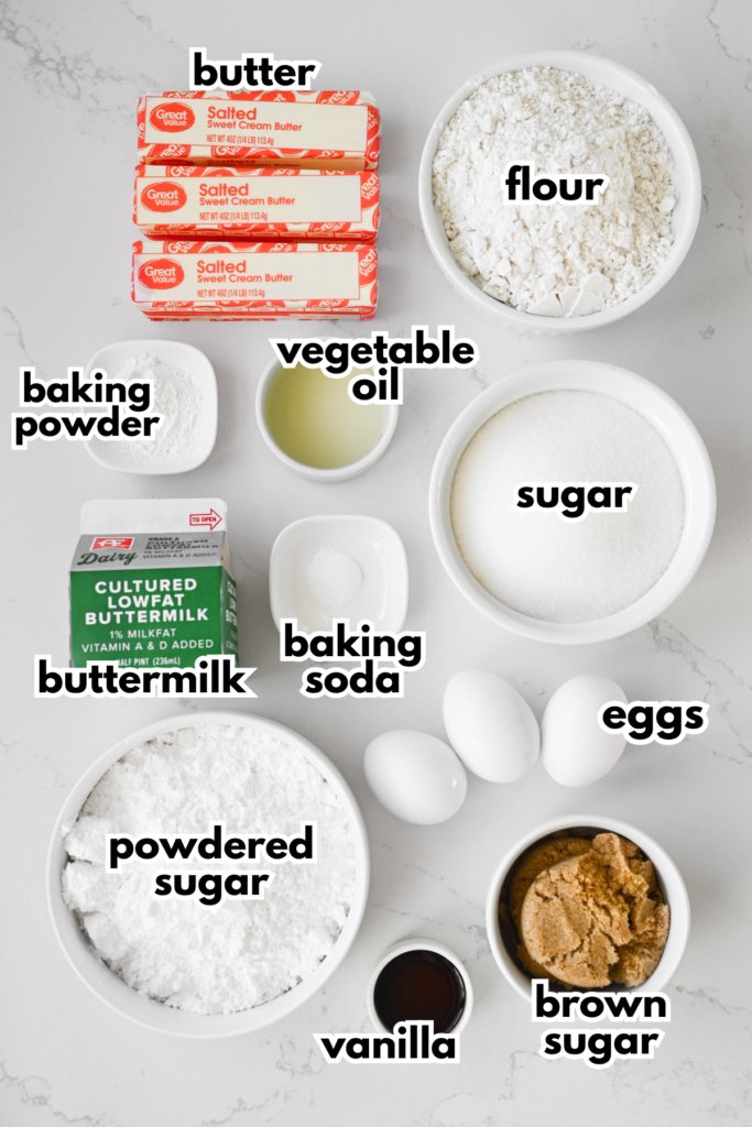 The ingredients needed to make buttermilk cake with caramel frosting.
