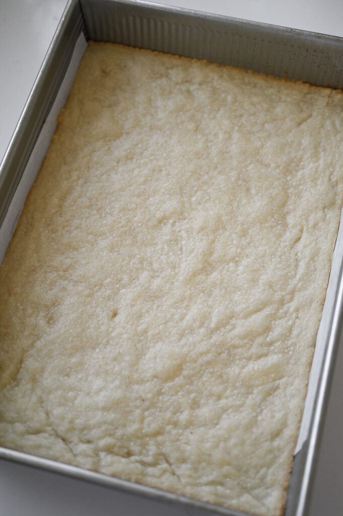 Shortbread dough pressed into a pan and baked til golden brown.