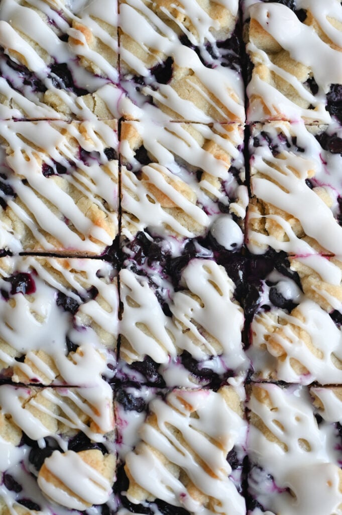 Blueberry Crumble Bars cut into squares.