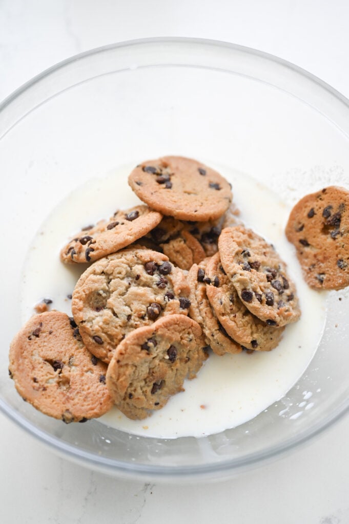 Several chocolate chip cookies soaking in a bowl of milk.