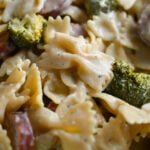 A creamy pasta with broccoli and smoked sausage.