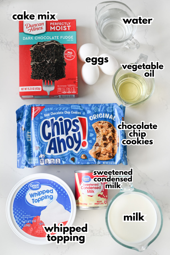 The ingredients needed to make a chocolate chip cookie poke cake on a white background.