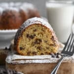 Chocolate Chip Bundt Cake on a wooden board.